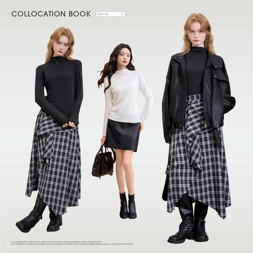 西遇半高领纽扣针织打底衫女冬季新款抽绳收腰显瘦长袖T恤H0055299 商品图2