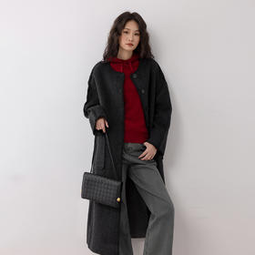 COCO ZONE 秋冬设计感圆领单排扣长款毛呢外套CC2D2522