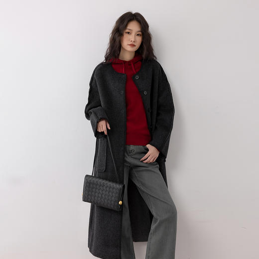 COCO ZONE 秋冬设计感圆领单排扣长款毛呢外套CC2D2522 商品图0