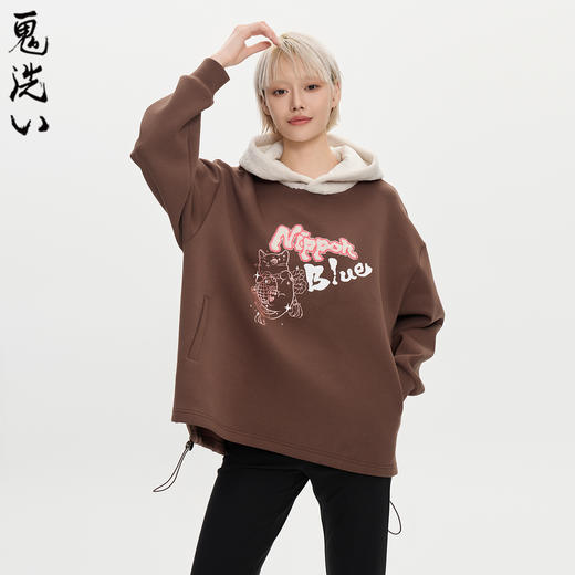 ONIARAI/鬼洗25秋冬泥棒蓝女款猫咪仿羊羔绒拼帽套头卫衣 N240159 商品图0