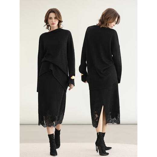 COCOBELLA女人味蕾丝刺绣半身裙秋冬气质直筒针织裙HS3113-2 商品图2