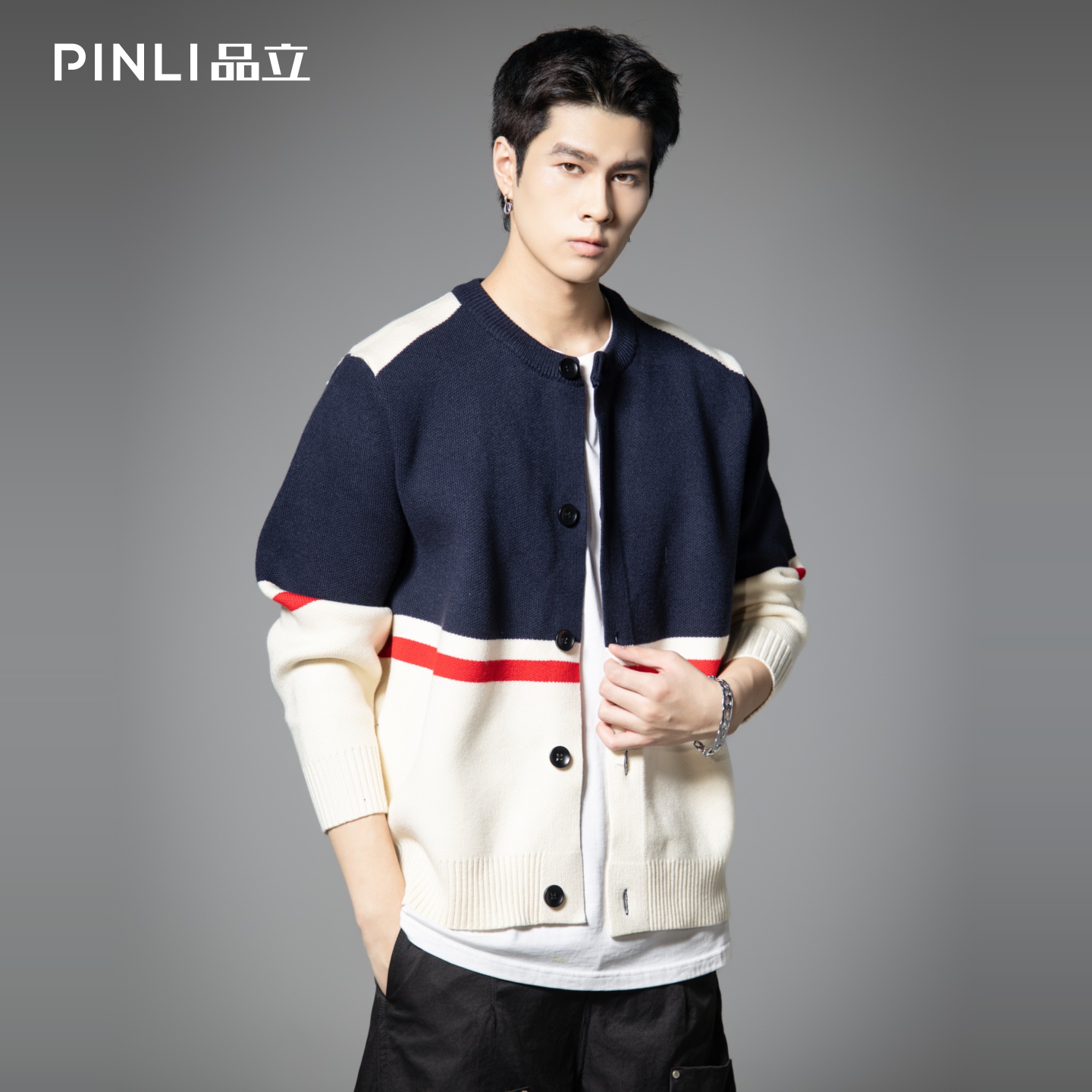 PINLI品立2025秋季新款圆领色块撞色开衫针织衫毛衣外套男士潮牌GD253110186