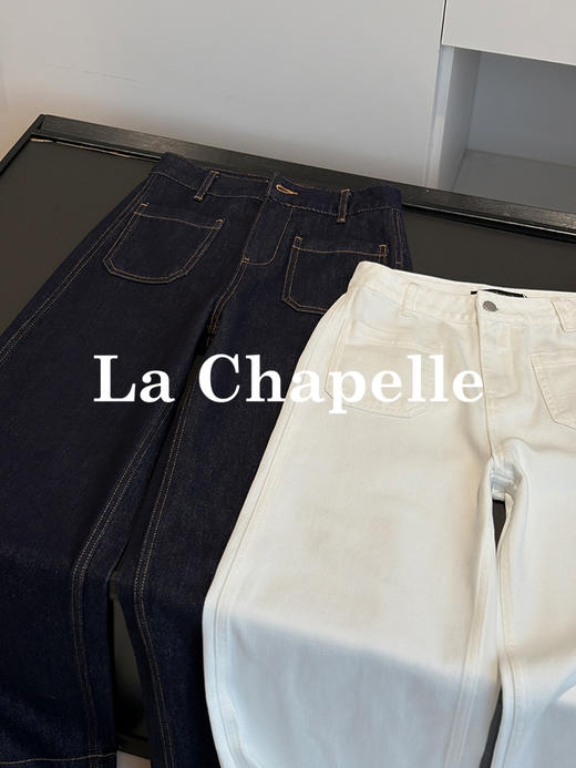 会员福利【垂感挺括/遮胯显瘦】拉夏贝尔/La Chapelle高腰明线阔腿牛仔裤宽松设计感百搭显瘦直筒长裤 商品图6