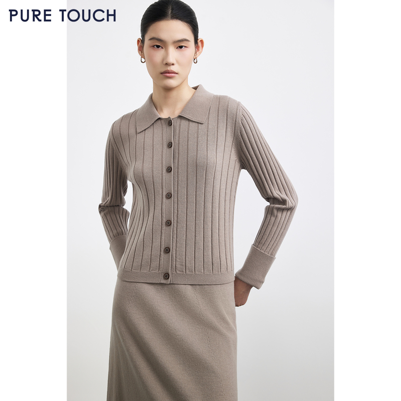 商场同款PURE TOUCH女装25秋冬新款羊毛针织开衫翻领精纺宽松毛衣