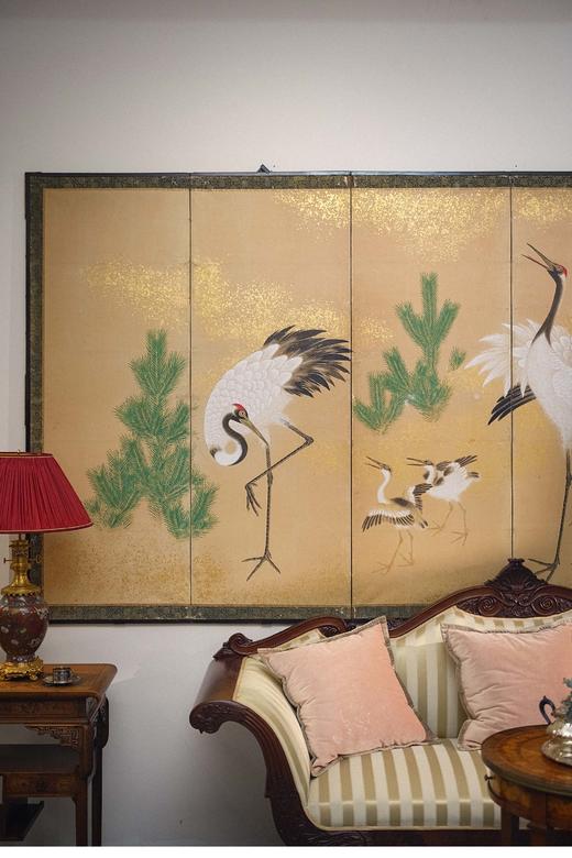 【已售】独角鹿西洋古董 20世纪日本大正时期出品「松鹤」主题纸本撒金六曲屏风 商品图2