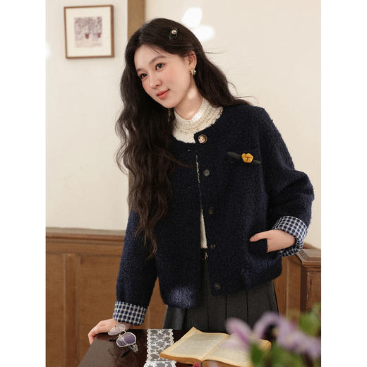 鹿向南「冬日恋岛」小个子藏蓝色短外套女秋冬高级小香风开衫上衣 商品图3