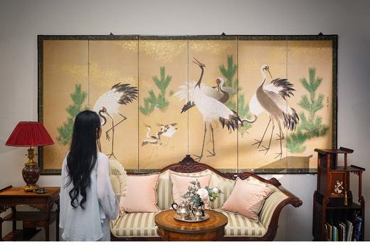 【已售】独角鹿西洋古董 20世纪日本大正时期出品「松鹤」主题纸本撒金六曲屏风 商品图1