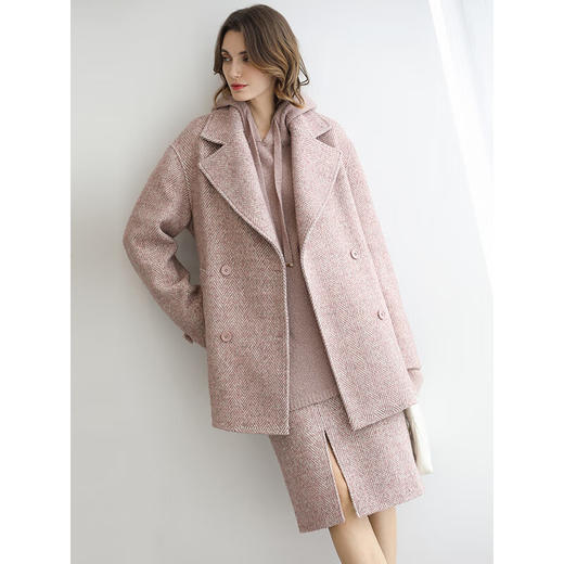 COCOBELLA气质粉色开叉高腰半身裙女秋冬通勤毛呢半裙HS0065 商品图3