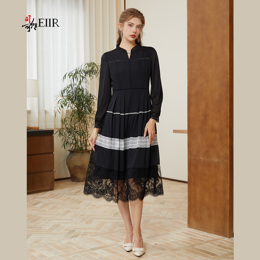 司歌修身蕾丝长袖连衣裙中长裙A921171X