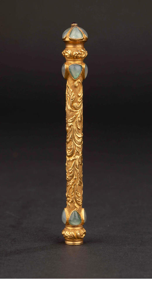 独角鹿西洋古董 1860-1870年代欧洲出品洛可可风格月光石及红宝石镶嵌花叶纹18K黄金精雕铅笔杆 商品图0