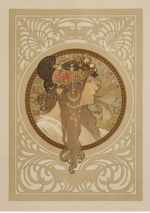 独角鹿西洋古董 1897年法国出品捷克国宝级画家穆夏签名创作版画作品《拜占庭女神》一对 商品图1