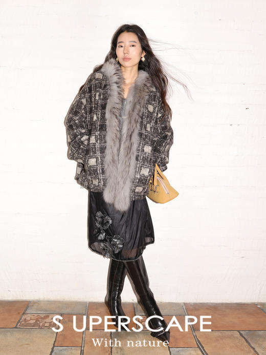 素舶 磨毛格纹拼接貉子毛皮草毛领内里绗棉摇粒绒双重保暖外套 商品图2