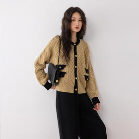 COCO ZONE 高级感撞色拼接针织开衫时尚圆领上衣CC2C1676