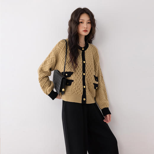 COCO ZONE 高级感撞色拼接针织开衫时尚圆领上衣CC2C1676 商品图0