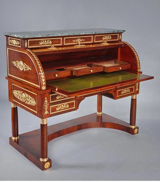 独角鹿西洋古董 1855年代法国出品帝政风格胜利女神主题铜鎏金雕饰桃花心木嵌皮革台面翻盖式写字桌 商品图2