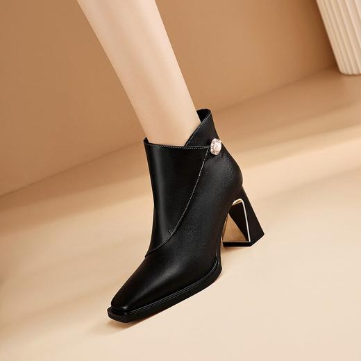 【预售5天】黑色真皮短靴粗跟妈妈鞋，高跟新款冬季加绒方头女靴JZX&D05-82 商品图2