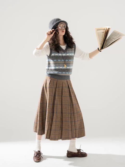 浮生八记/25C140/复古英伦羊毛箱褶格裙人字纹毛呢百褶裙 商品图3