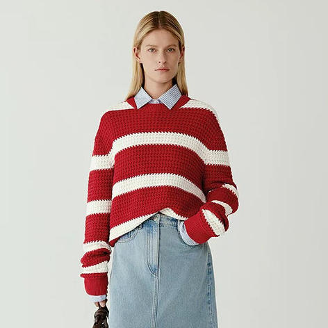 棉羊绒条纹套头毛衣 氛围感针织衫 精选精梳棉条与优质山羊绒混纺 经典红白宽条纹设计 复古法式风情 商品图0