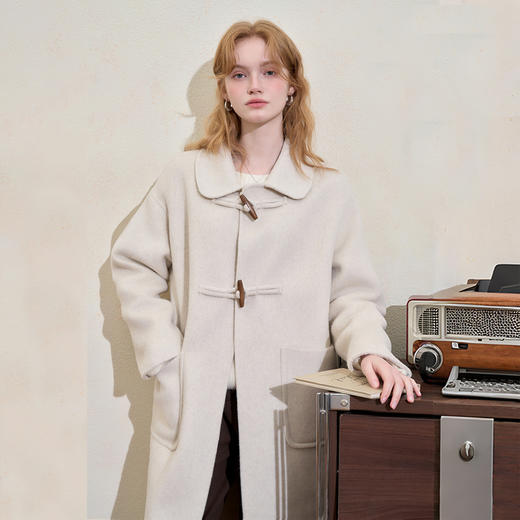 西遇韩系牛角扣呢子大衣女冬季新款高级感显瘦中长款毛呢外套H0055306 商品图3