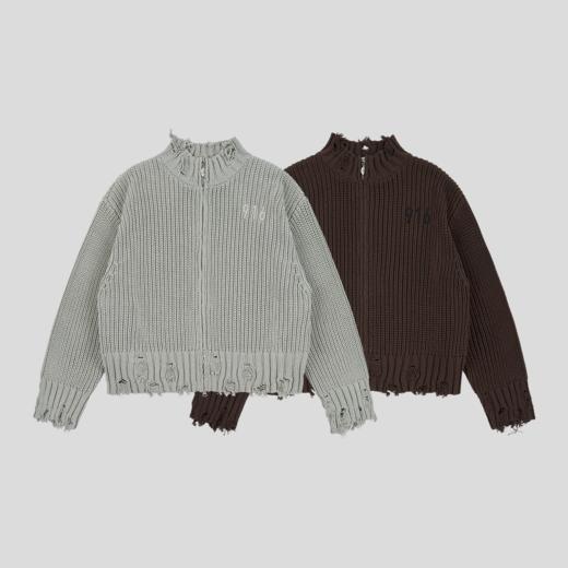 GOODBAI 916 logo贴布小高领做旧破坏拉链针织外套 商品图1