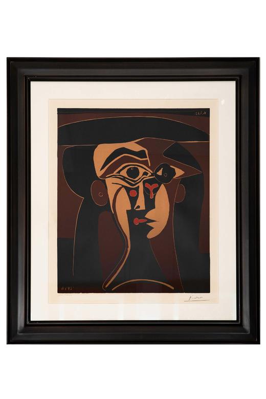 独角鹿西洋古董 1962年西班牙艺术家签名创作出品限量麻胶版画《戴黑帽子的杰奎琳》 商品图1