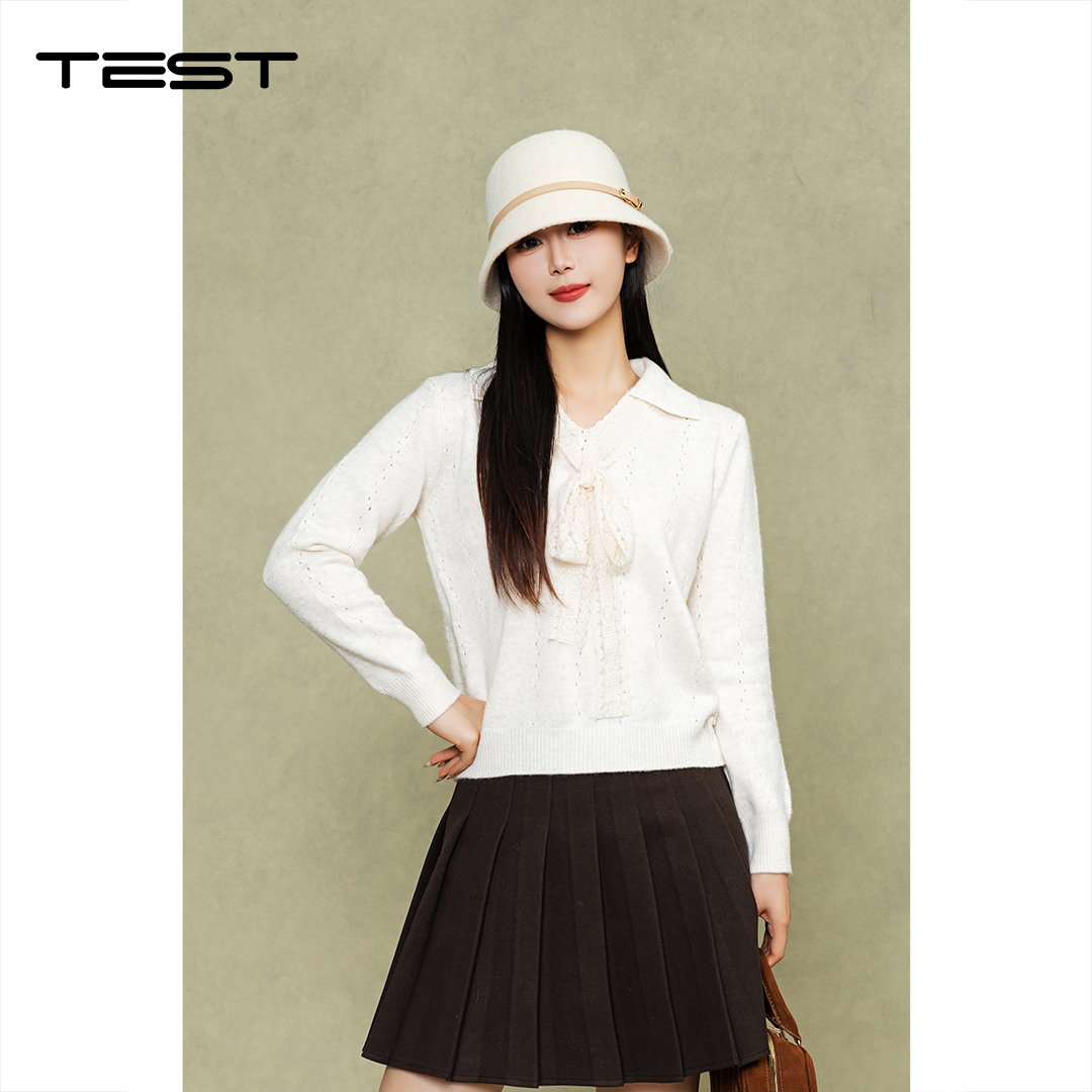 冬上新法式优雅温柔风白色系带毛衣1254105