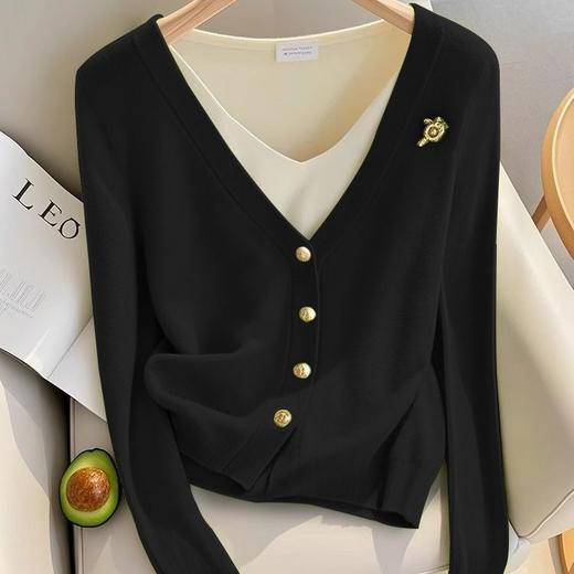 秋季【法式小香风假两件】绿色针织开衫 独特超好看 新款内搭打底上衣  商品图10