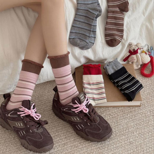 双罗口卷边拼接中筒条纹百搭堆堆袜-纪念日百货门店同款167596459 商品图4