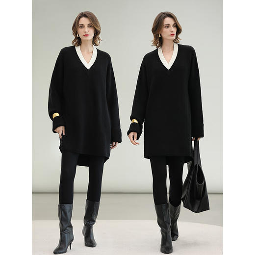 COCOBELLA设计感黑白拼接V领毛衣裙女中长款气质连衣裙MZ3242 商品图2