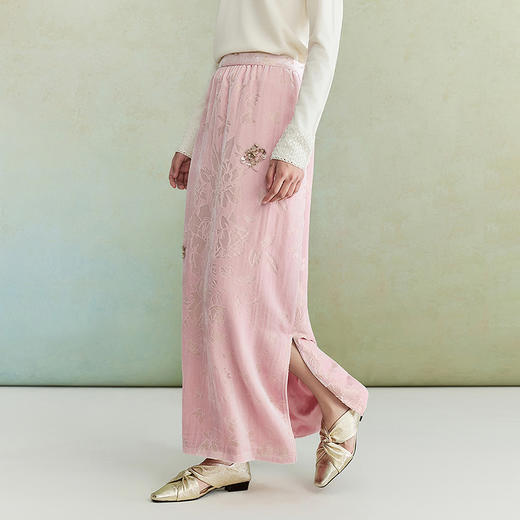 【林栖设计小店】（现货）粉色半身裙新中式丝绒烧花钉珠绣花2026早春新款裙子女1961038 商品图0