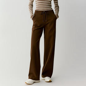 羊毛混纺罗马布抽绳裤直筒裤 简洁修身裤型 罗马布结构稳定 穿着舒适 松紧抽绳腰带设计 自由调节松紧度 简约大气 高腰宽松版型