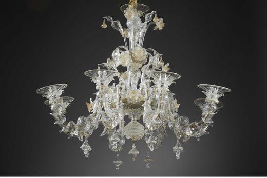 独角鹿西洋古董 1900年代意大利威尼斯穆拉诺水晶工坊出品玻璃点金工艺修饰花叶主题八枝头烛台式枝形吊灯 商品图1