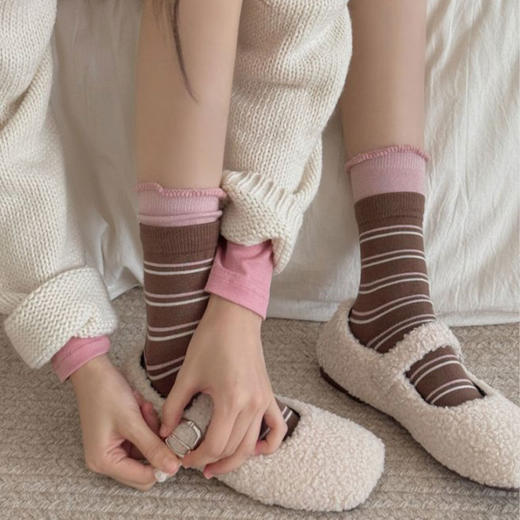 双罗口卷边拼接中筒条纹百搭堆堆袜-纪念日百货门店同款167596459 商品图1