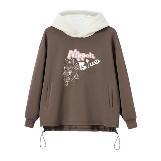 ONIARAI/鬼洗25秋冬泥棒蓝女款猫咪仿羊羔绒拼帽套头卫衣 N240159 商品图3