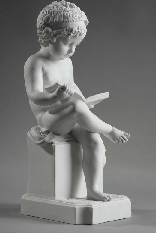 独角鹿西洋古董 20世纪法国出品阅读的孩童主题素胎瓷人物雕塑一对 商品图3