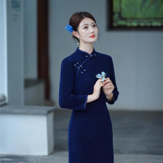 纯色水貂绒长款大码旗袍，复古国风中老年女士长袖旗袍GX-801322 商品图3