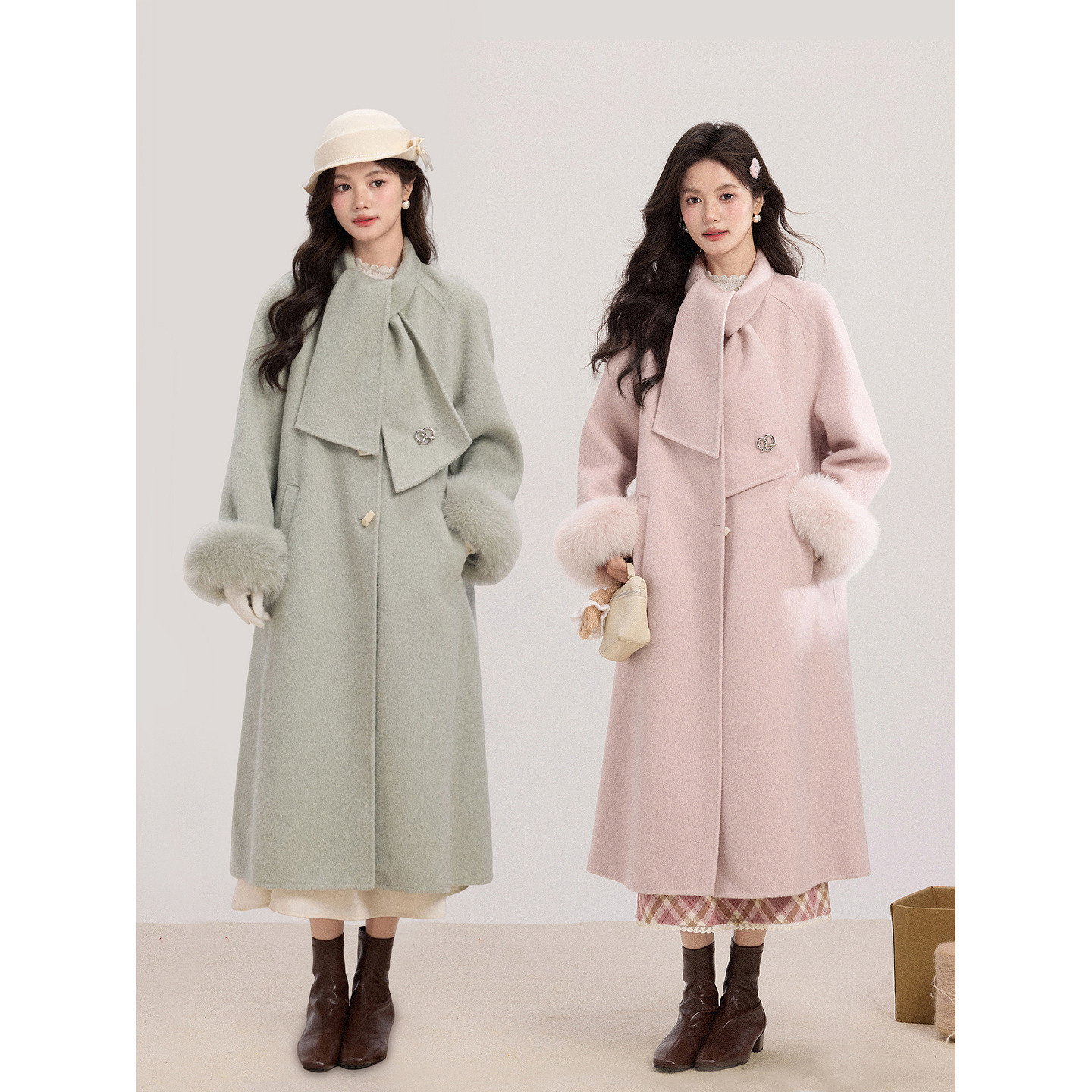 鹿向南「香浮花月」高级感双面加厚毛呢外套冬季淡粉色中长款大衣