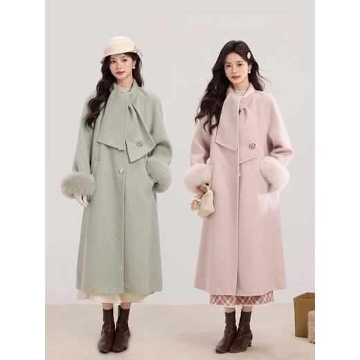 鹿向南「香浮花月」高级感双面加厚毛呢外套冬季淡粉色中长款大衣 商品图0