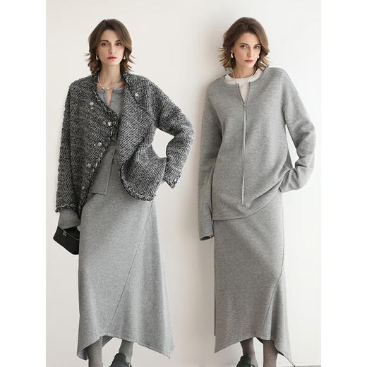 COCOBELLA灰色休闲A字半身裙弧形下摆25秋冬针织长裙HS3163-2 商品图2