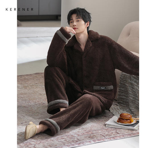 可人儿冬季男士保暖舒棉绒睡衣秋冬休闲翻领男款加厚珊瑚绒家居服 商品图0