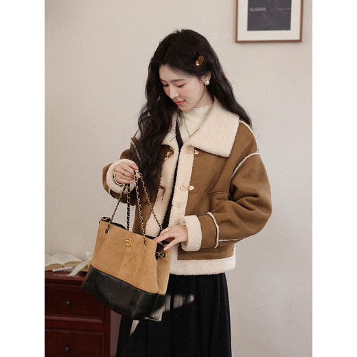 鹿向南「枫糖拿铁」棕色麂皮绒翻领短外套冬季新款复古百搭上衣女 商品图1