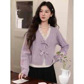 鹿向南「柔紫绞花」假两件紫色蝴蝶结毛衣女秋冬新款法式慵懒上衣