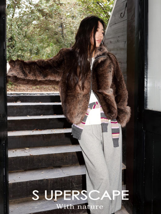 素舶 三色毛环保皮草浓密蓬松拼皮门襟立领拉链抽绳皮草短外套 商品图2