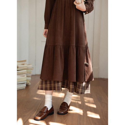 鹿向南「静匿港湾」棕色复古拼接连衣裙女秋冬收腰显瘦长袖裙子女 商品图3