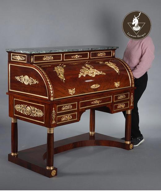 独角鹿西洋古董 1855年代法国出品帝政风格胜利女神主题铜鎏金雕饰桃花心木嵌皮革台面翻盖式写字桌 商品图1