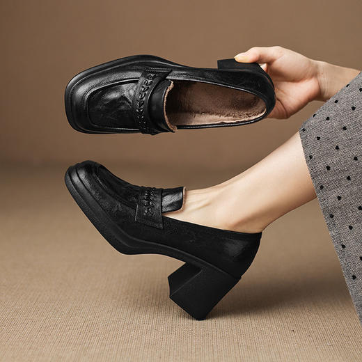 【预售5天】舒适柔软~新款简约百搭真皮单鞋女粗跟小皮鞋复古一脚蹬乐福鞋女ASZ&KL793R 商品图0