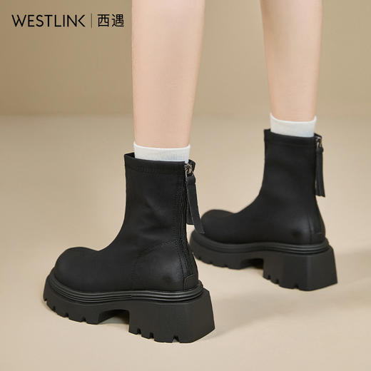 西遇厚底瘦瘦靴女新款秋冬复古小个子增高马丁靴黑色圆头短靴V2257272 商品图2