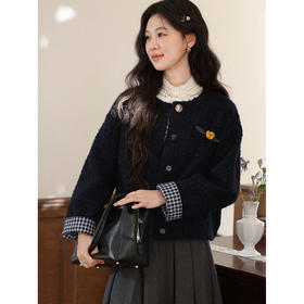 鹿向南「冬日恋岛」小个子藏蓝色短外套女秋冬高级小香风开衫上衣