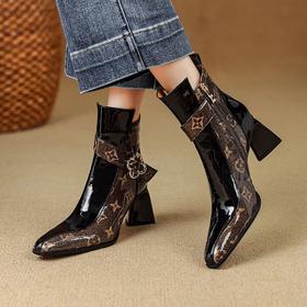 【预售5天】英伦风方头粗跟印花切尔西靴女秋冬新款侧拉链复古拼色短靴女XME&898-522