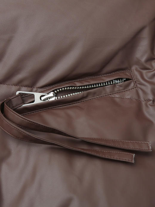 深棕色撞色针织领短款羽绒服 复古风拉链口袋皮感外套 冬季保暖显瘦个性女式上衣 商品图3